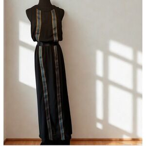 BEBE, XS black sleeveless chiffon maxi dress. Aztec ribbon detail,‎ lightweight